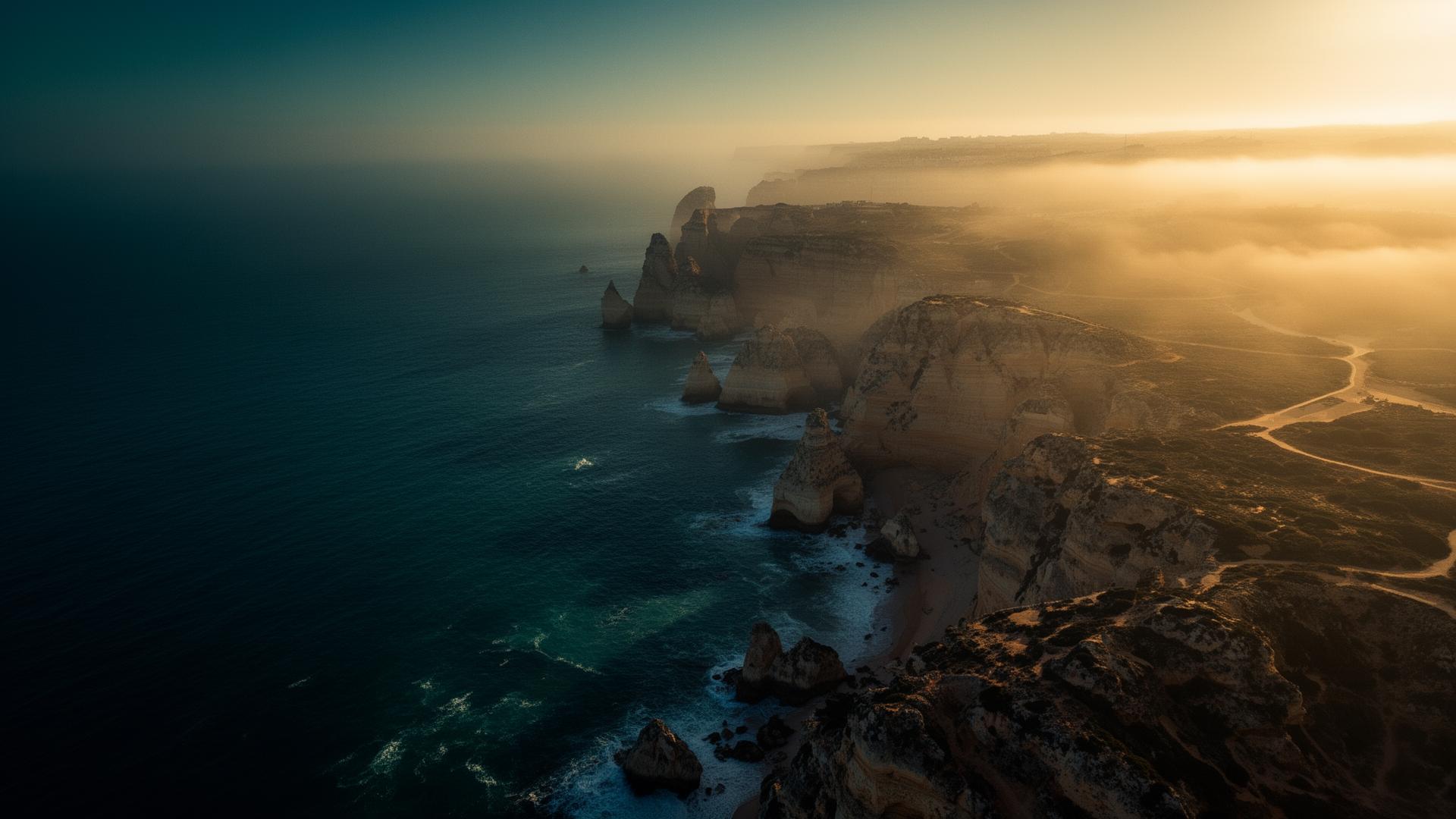Aerial view of the Portuguese Atlantic coastline at golden hour